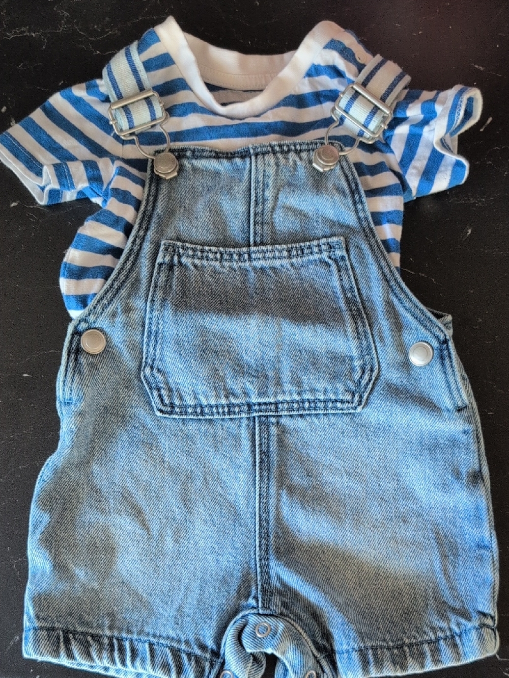 Primark Blue Striped Tee with Light Denim Overalls